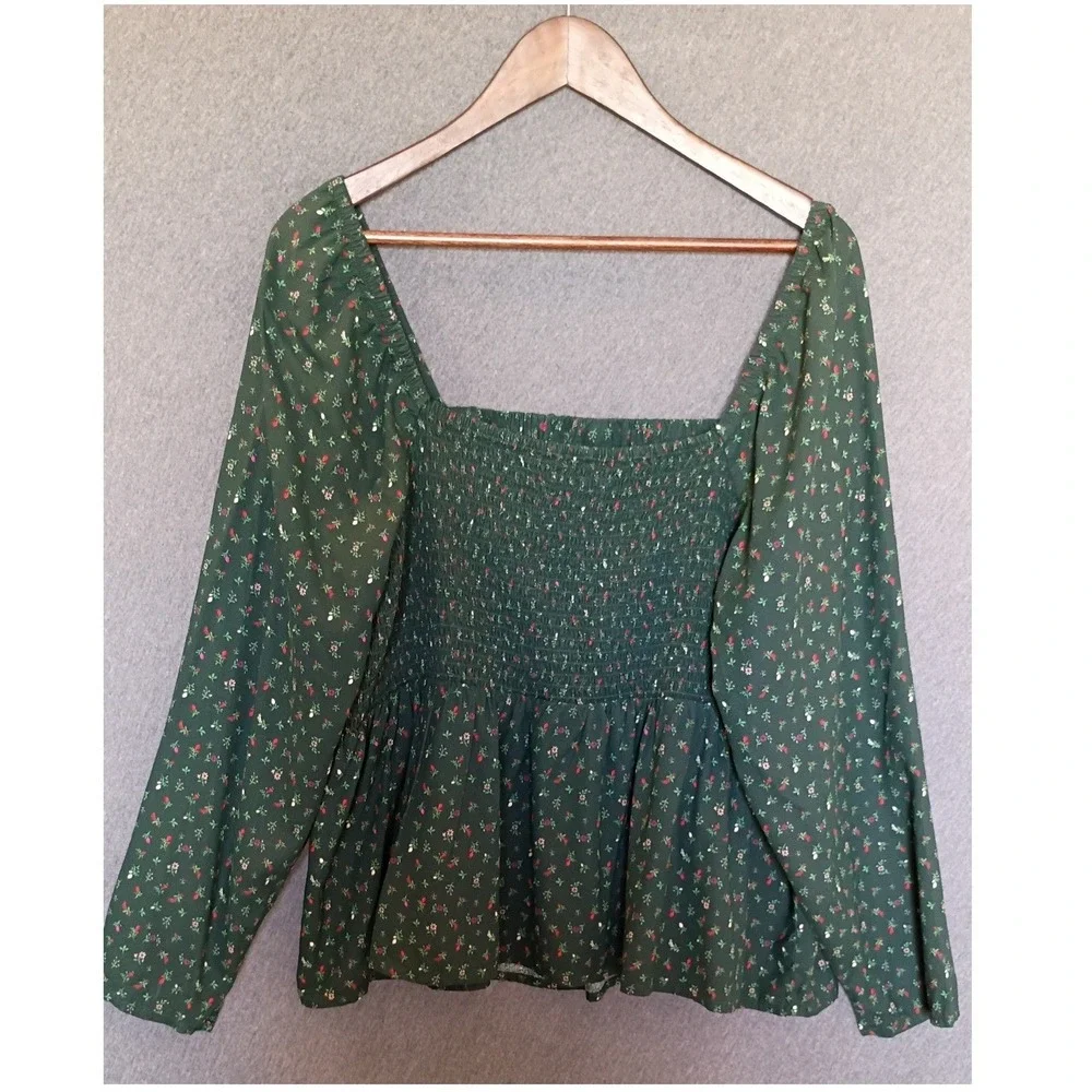 Old Navy Green Ditsy Floral Square Neck Babydoll Top XXL LongSleeve Boho Smocked